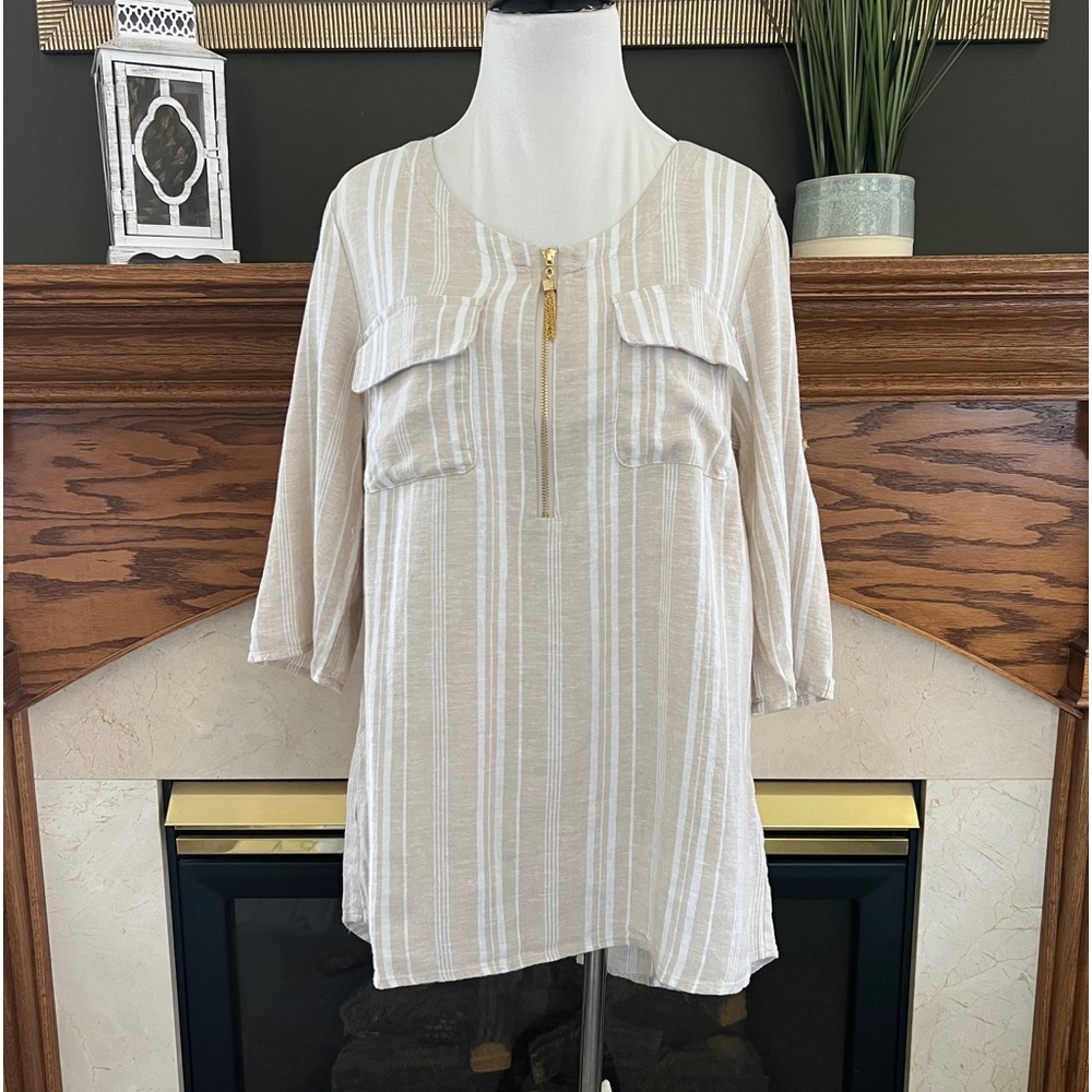 Ellen Tracy Tan Linen Stripe Roll Sleeve‎ Tunic Top Size Medium NEW